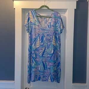 EUC Lilly Pulitzer Jessica Light Lilac Verbena Aboat Time Sailboat Dress, XL